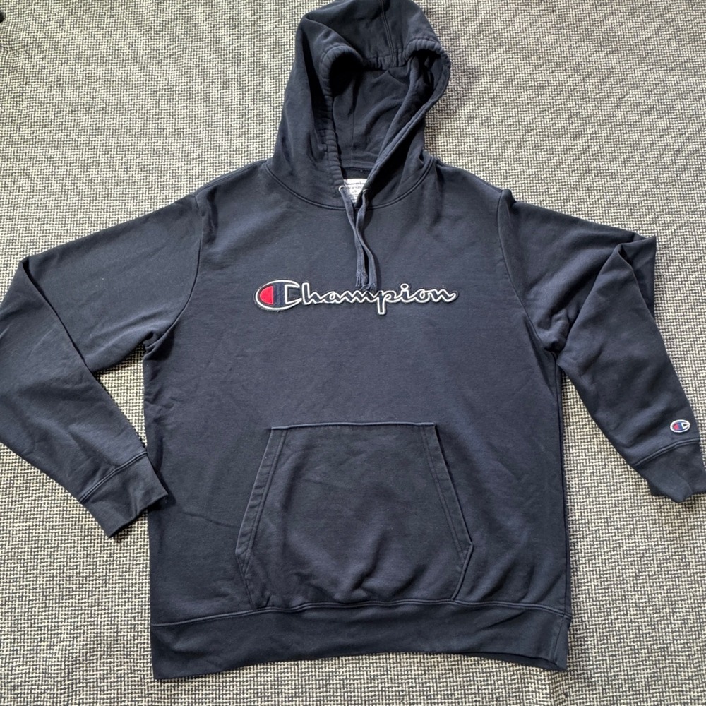 Champion Mens Navy Blue Embroidered Script Logo Pullover Hoodie Sweatshirt Large